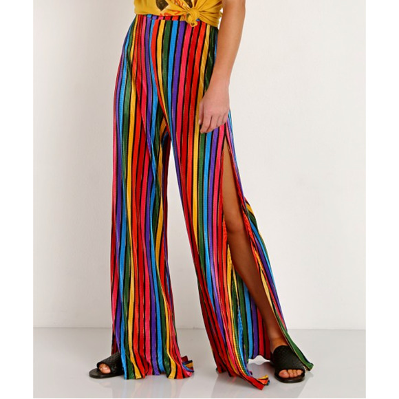 Show Me Your Mumu Pants Womens Small Campbell High Slit Rainbow Parade Colorful - Picture 1 of 9